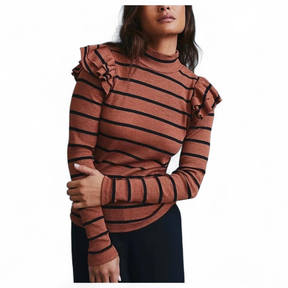 T.LA / ANTHROPOLOGIE Brown Black Ruffled Shoulder Turtleneck Striped Top - XS
